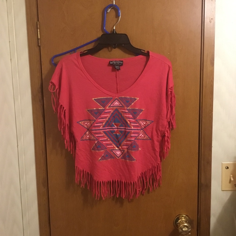 Self Esteem Orange Geomertic Native American Boho Fringe Short Sleeve Crop Top M